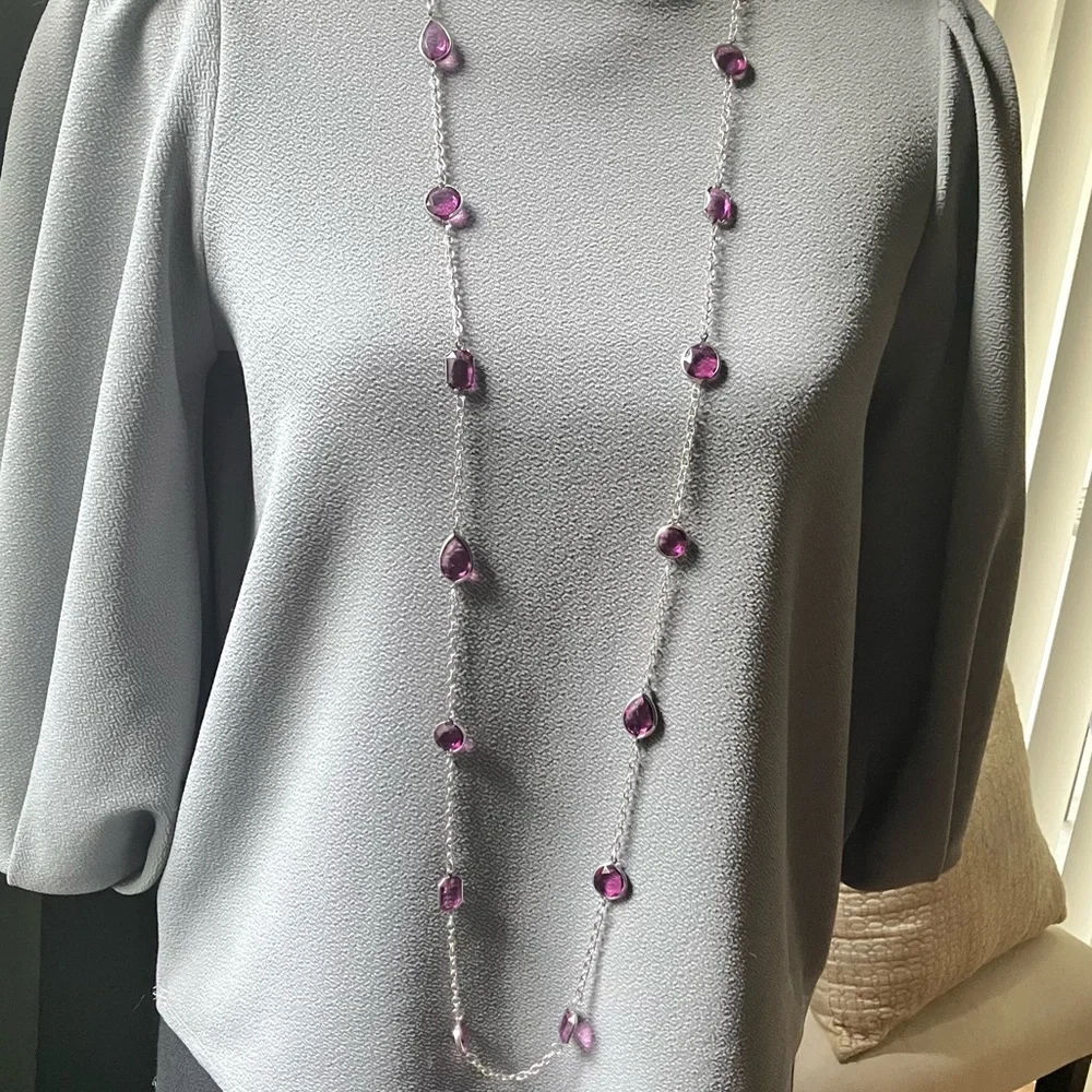 Long purple gemstone and silver chain necklace